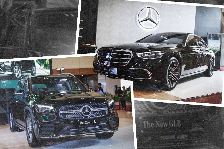 New Mercedes-Benz GLB 200 AMG Line (kiri) dan Mercedes-Benz S 450 President Edition (Jovi Arnanda/Skor.id).