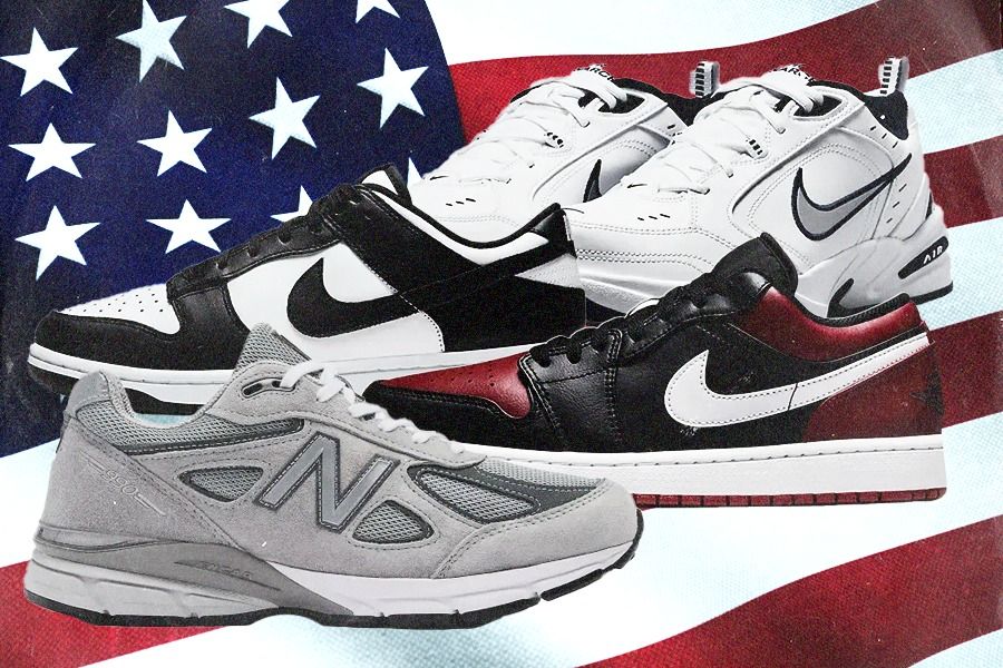 Nike Air Monarch IV, Air Jordan 1 Low, New Balance 990v6, dan Nike Dunk Low (searah jarum jam dari kanan atas) pas dipakai untuk hari kemerdekaan Amerika Serikat, 4th of July. (Jovi Arnanda/Skor.id)