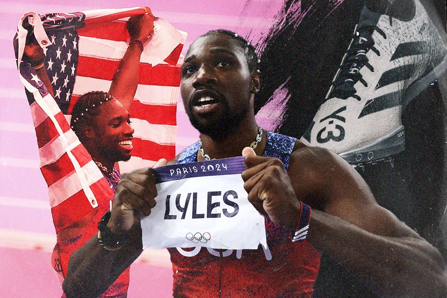 Sprinter Amerika Serikat Noah Lyles merebut medali emas lari 100 meter pria Olimpiade Paris 2024 dengan sepatu Adidas Adizero Y-3 Spikes. (Jovi Arnanda/Skor.id)