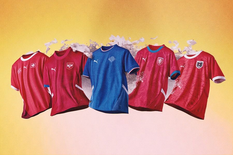 Puma belum lama ini merilis seragam tahun 2024 milik tim-tim nasional sepak bola (ki-ka): Swiss, Serbia, Islandia, Rep. Ceko, dan Austria. (Rahmat Ari Hidayat/Skor.id)