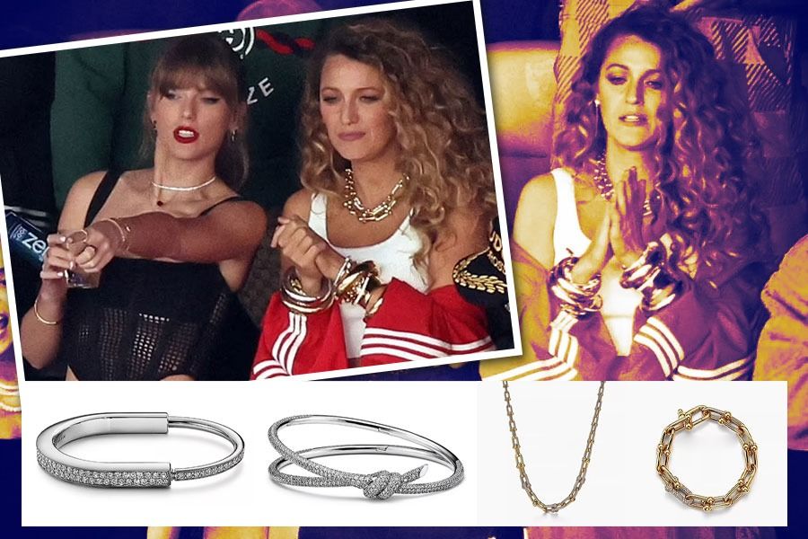 Taylor Swift dan Blake Lively yang mengenakan perhiasan mewah dari Tiffany tampak menyaksikan laga Super Bowl LVIII. (M. Yusuf/Skor.id)