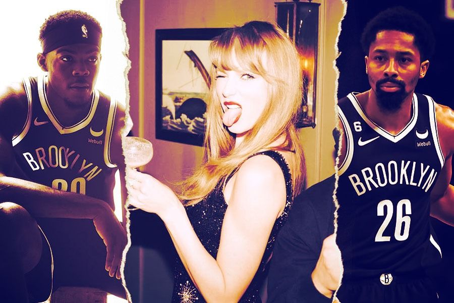 Pemain bola basket Brooklyn Nets Day’Ron Sharpe dan Spencer Dinwiddie (kiri-kanan) serta Taylor Swift (tengah). (M. Yusuf/Skor.id)