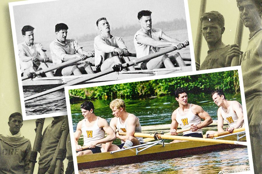 The Boys in the Boat versi asli (foto atas) dan film. (Jovi Arnanda/Skor.id)
