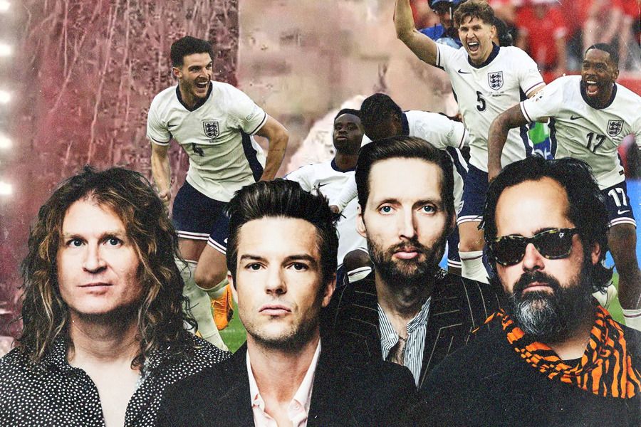 The Killers, menampilkan cuplikan Inggris vs Belanda dalam Euro 2024 saat konser mereka di O2 Arena, London, Inggris, Rabu (10/7/2024) waktu setempat. (Jovi Arnanda/Skor.id)