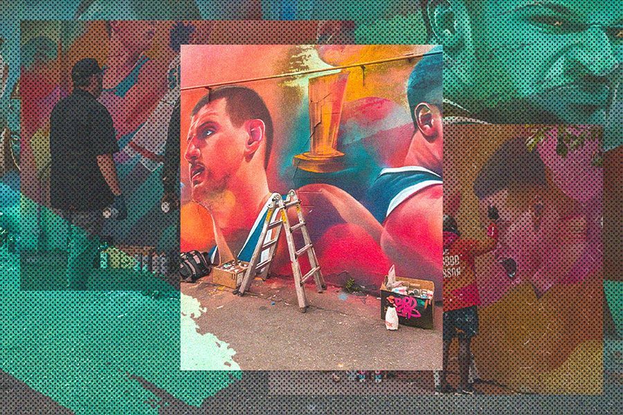 Mural Denver Nuggets karya Thomas Evans alias Detour makin menarik setelah menambah objek selain Nikola Jokic dan Jamal Murray. (Hendy AS/Skor.id)