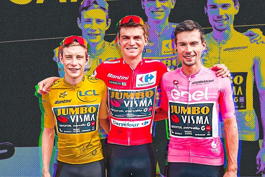 Tiga bintang Jumbo Visma: Jonas Vingegaard, Sepp Kuss, Primoz Roglic