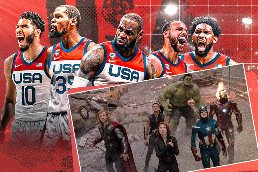 Starting lineup Timnas Basket putra AS di final Olimpiade Paris 2024: Devin Booker, Kevin Durant, LeBron James, Stephen Curry, dan Joel Embiid sangat pas dijuluki The Avengers. (Rahmat Ari Hidayat/Skor.id)