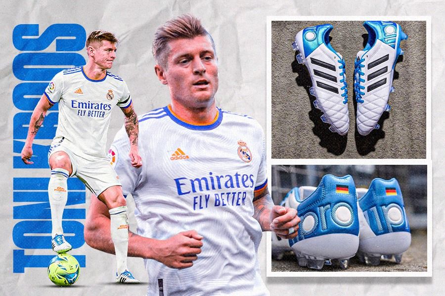 Gelandang Real Madrid Toni Kroos selalu mengenakan Adidas Adipure 11Pro sejak 2014. Tampak Adidas Adipure 11Pro TK Edition. (Dede Mauladi/Skor.id)