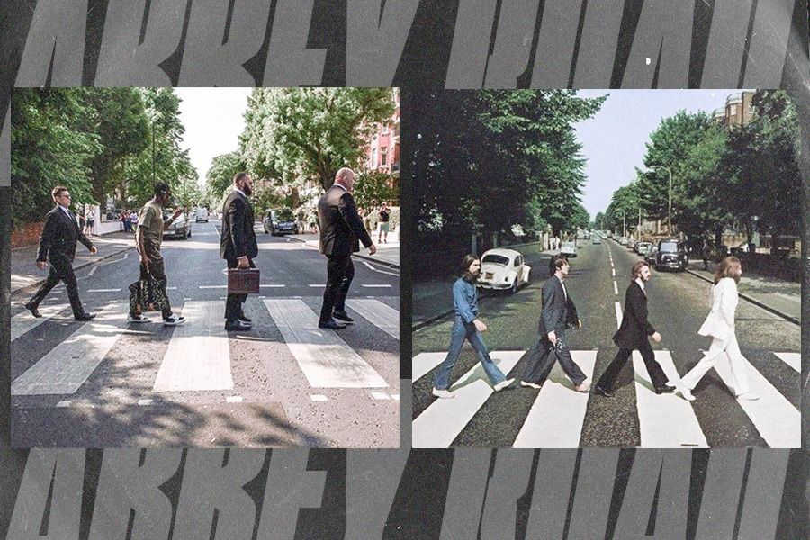 Travis Scott (foto kiri) berada di posisi seperti Paul McCartney (kedua dari belakang) dalam foto ikonik The Beatles di Abbey Road, London, Inggris. (Jovi Arnanda/Skor.id)