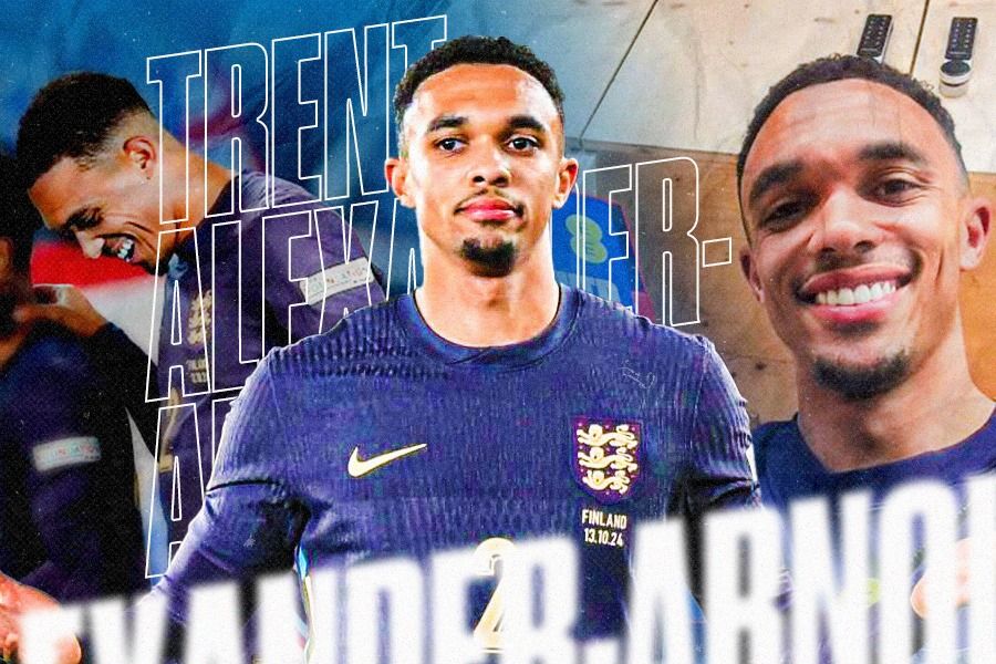 Trent Alexander-Arnold, mencetak gol untuk Inggris saat melawan Finlandia di UEFA Nations League. (Dede Sopatal Mauladi/Skor.id).