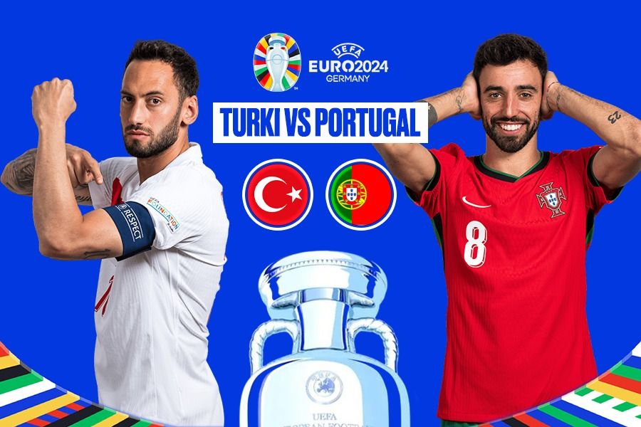 Turki vs Portugal menampilkan  playmaker seperti Hakan Calhanoglu (kiri) dan Bruno Fernandes dalam laga Euro malam ini. (Rahmat Ari Hidayat/Skor.id).