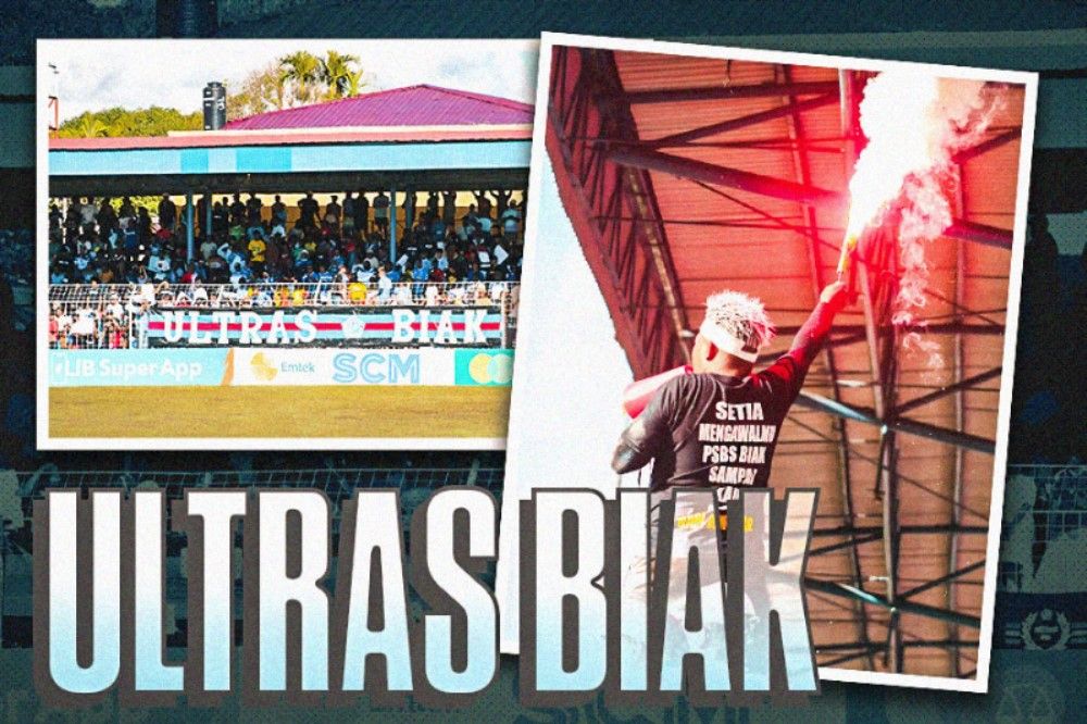 Ultras Biak - Pendukung setia PSBS Biak di Stadion Cenderawasih. (Dok. Ultras Biak/Grafis Hendy Andika/Skor.id)