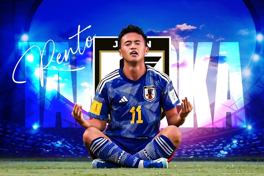 Rento Takaoka merayakan golnya untuk Timnas U-17 Jepang pada Piala Dunia U-17 2023 di Indonesia, November 2023. (Dok. LOC Piala Dunia U-17 2023/Grafis Yusuf/Skor.id)