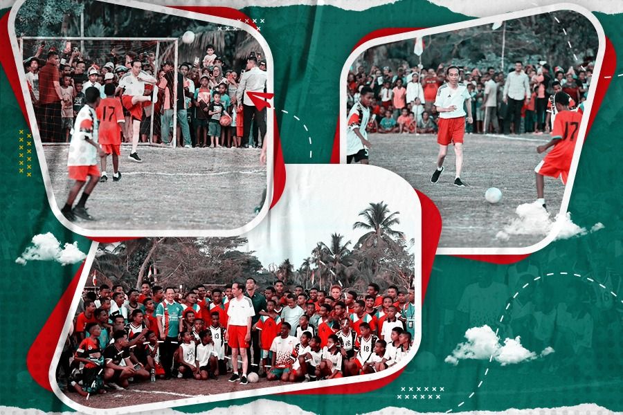 Presiden RI Joko Widodo (Jokowi) bermain bola dengan para pelajar di Lapangan Sepak Bola Sorido, Kabupaten Biak Numfor, 22 November 2023. (Foto: Dok. Instagram @jokowi/Grafis: Rahmat Ari Hidayat/Skor.id)