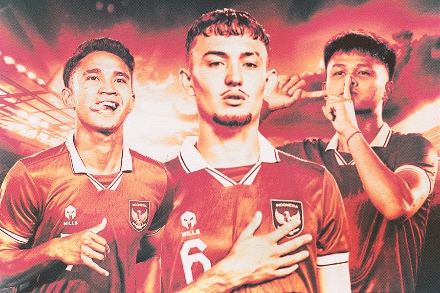 Marselino Ferdinan, Ivar Jenner, dan Hokky Caraka, tiga pemain berusia 19 tahun yang berada di skuad Timnas Indonesia untuk Piala Asia 2023. (Rahmat Ari Hidayat/Skor.id)