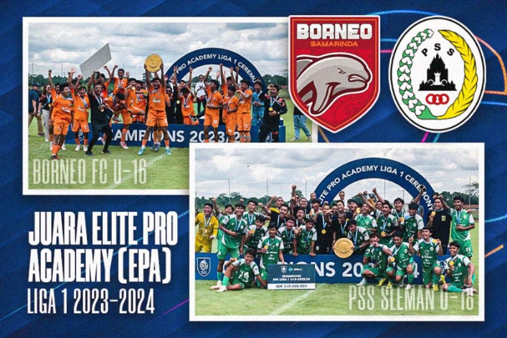 Borneo U-16 dan PSS Sleman U-18 juara Elite Pro Academy (EPA) Liga 1 2023-2024 kategori U-16 dan U-18 di Lapangan Akademi Garudayaksa, Bekasi, 7 Maret 2024.
