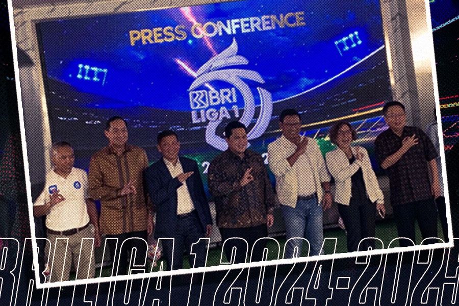 Konferensi pers BRI sebagai sponsor utama Liga 1 2024-2025 di Jakarta, 6 Agustus 2024. (Foto Taufani Rahmanda/Grafis Yusuf/Skor.id)