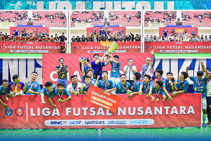 Kuda Laut Nusantara FC dan Rafhely FC serta KLN Angels dan KS Futsal jadi juara dan runner-up Liga Futsal Nusantara 2024 dan lolos ke Pro Futsal League dan Women Pro Futsal Lague. (Foto: Media FFI/Grafis: Dede Sopatal Mauladi/Skor.id)