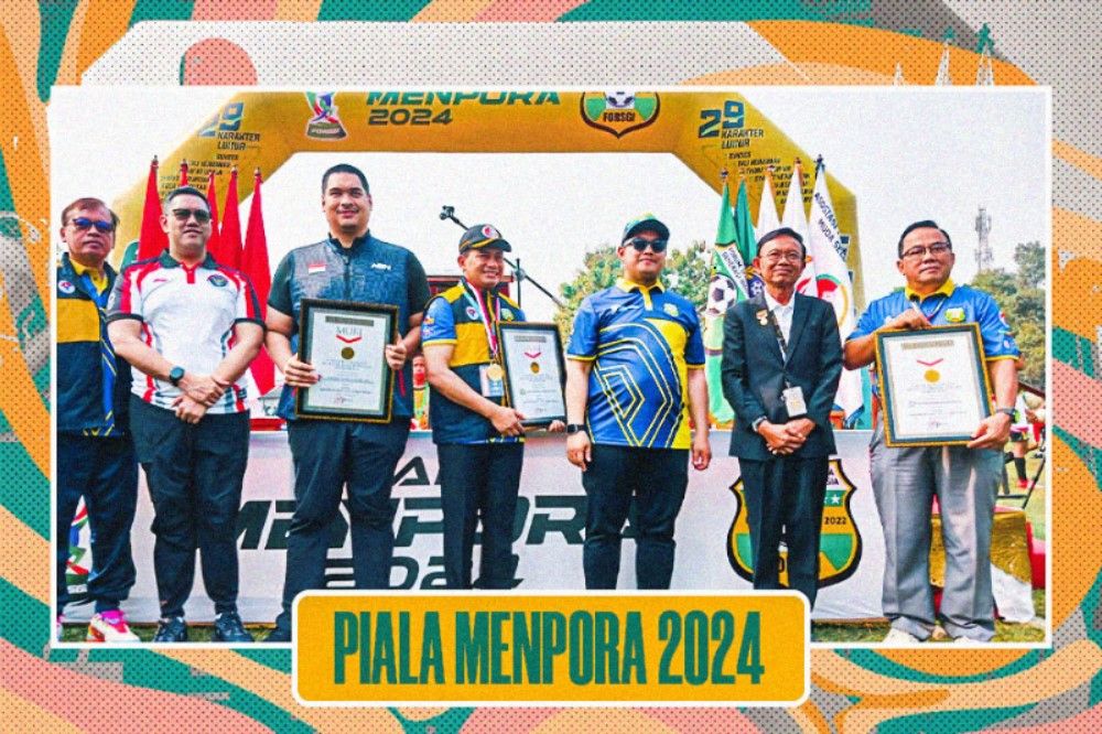 Festival sepak bola nasional Piala Menpora 2024 mendapatkan penghargaan MURI di Jakarta, Agustus 2024. (Foto Istimewa/Grafis Hendy Andika/Skor.id)