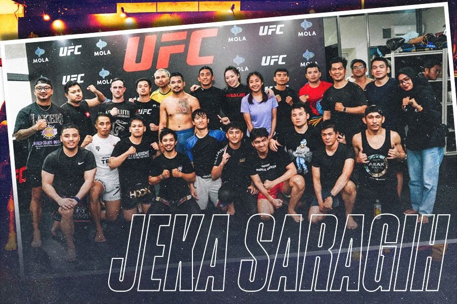 Petarung MMA Indonesia yang sudah tembus UFC, Jeka Saragih, berbagi ilmu di Warrior Workout, Jakarta, 1 September 2024. (Media MOLA)