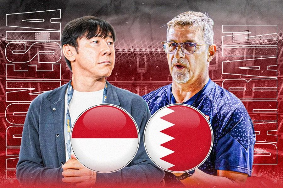 Ilustrasi Timnas Indonesia vs Bahrain, pelatih Shin Tae-yong vs Dragan Talajic. (Dede Sopatal Mauladi/Skor.id)