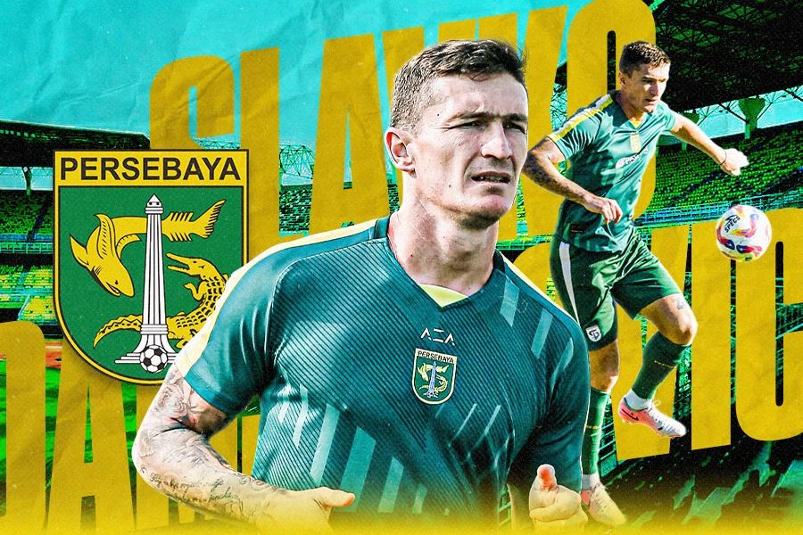 Pemain asing Persebaya Surabaya asal Montenegro di Liga 1 2024-2025, Slavko Damjanovic. (Foto: Persebaya Surabaya/Grafis: Dede Sopatal Mauladi/Skor.id)