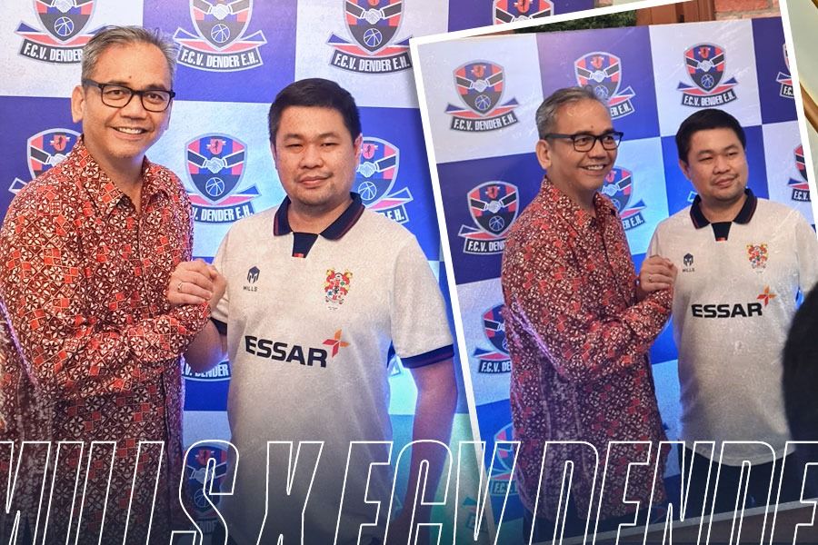 CEO PT Mitra Kreasi Garmen selaku pemilik merek Mills, Ahau (putih) bersama Pemilik klub asal Belgia FCV Dender, Sihar Sitorus, meresmikan kerja sama kedua pihak, November 2024. (Foto: Mills/Grafis: Yusuf/Skor.id)