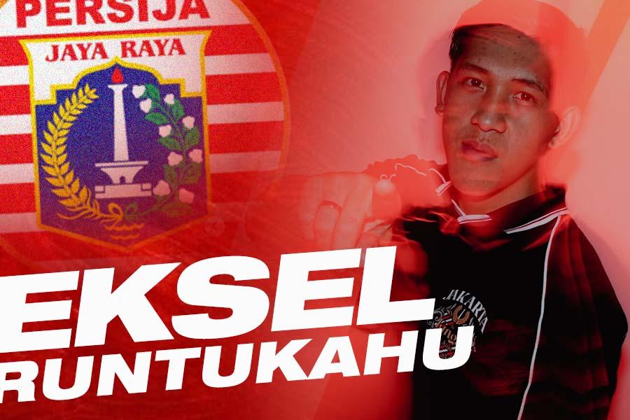 Eksel Runtukahu sebagai pemain baru Persija Jakarta untuk Liga 1 2025-2026. (Foto: Media Persija Jakarta/Grafis: Deni Sulaeman/Skor.id)