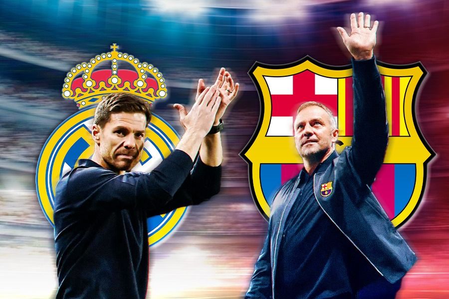 Xabi Alonso (Real Madrid) dan Hansi Flick (Barcelona) akan beradu di El Clasico. (Grafis: Kevin Bagus Prinusa/Skor.id).
