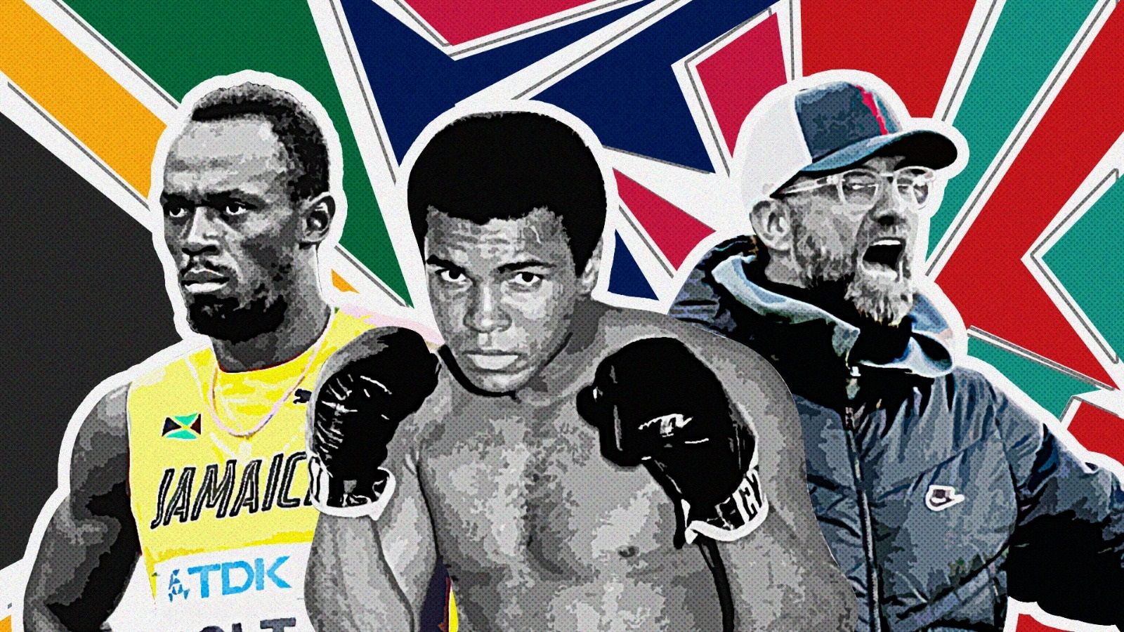 Cover mural Jurgen Klopp, Usain Bolt, Muhammad Ali. (grafis Dede Mauladi/Skor.id)