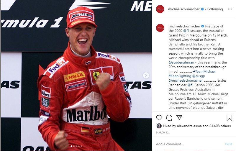 Postingan foto dalam akun Instagram Michael Schumacher yang diunggah pada 12 Maret 2020.
