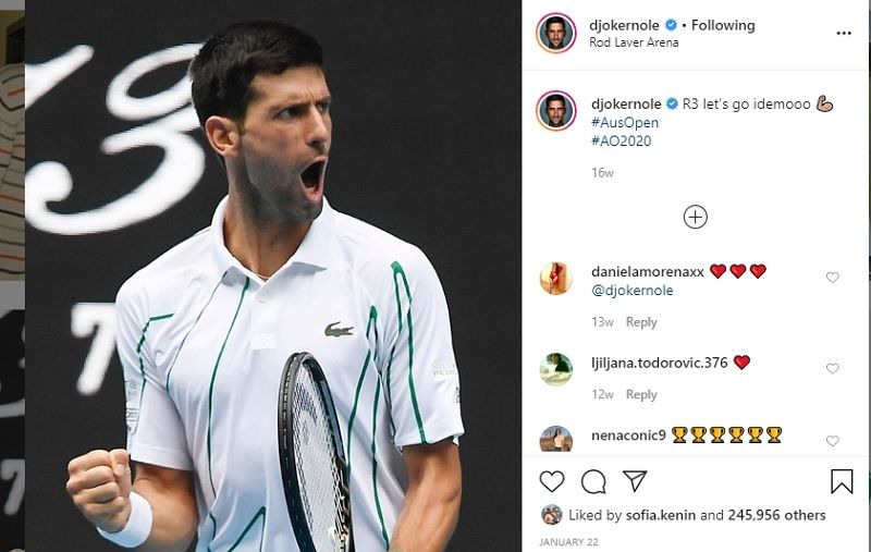 Postingan foto dalam akun Instagram Novak Djokovic pada 22 Januari 2020 saat tampil dalam Australian Open 2020.
