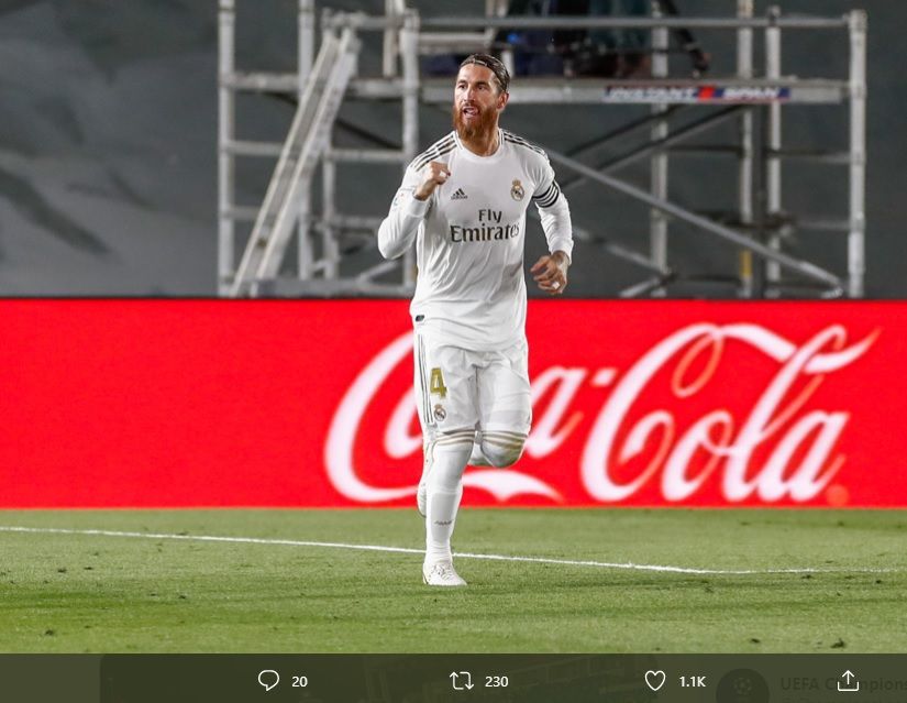 Kapten Real Madrid, Sergio Ramos, jadi pahlawan kemenangan tim dalam pertandingan Liga Spanyol versus Getafe di Estadio Alfredo di Stefano, Kamis 2 Juli 2020.