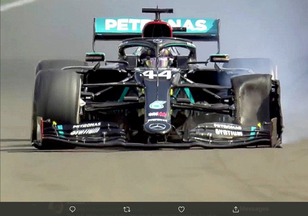 Pembalap Mercedes AMG, Lewis Hamilton, finis di F1 GP Inggris 2020 dengan ban kiri depan Pirelli yang hancur, Minggu (2/8/2020).