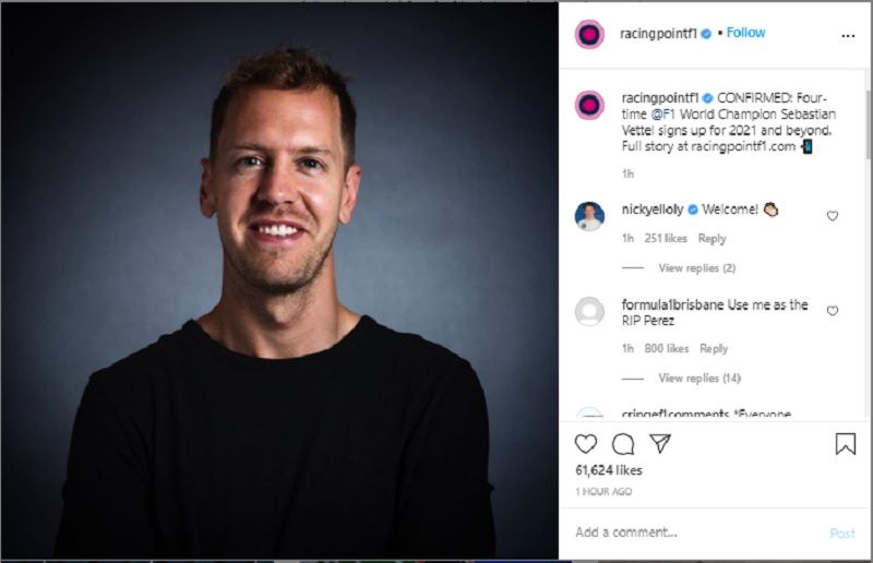Unggahan akun Instagram tim Racing Point yang mengumumkan perekrutan Sebastian Vettel sebagai pembalap Aston Martin untuk kompetisi F1 2021 pada Kamis (10/9/2020).