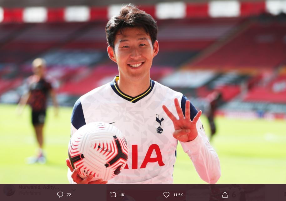 Ekspresi Son Heung-Min usai mencetak empat gol dii laga Southampton vs Tottenham Hotspur, Minggu 20 September 2020