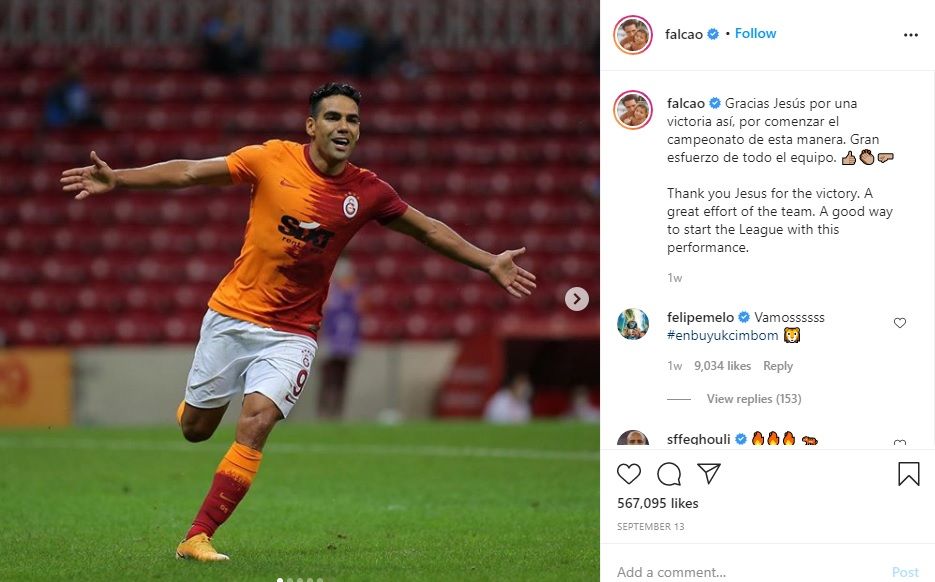 Salah satu unggahan pemain Galatasaray, Radamel Falcao di Instagram.