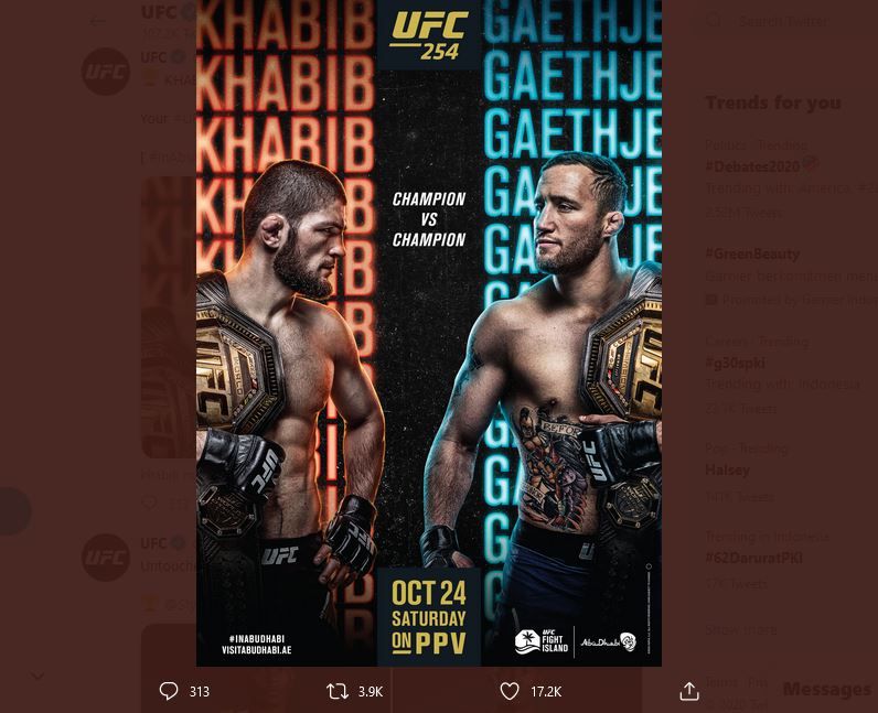 Poster resmi UFC 254 yang mempertemukan Khabib Nurmagomedov vs Justin Gaethje akan digelar di Fight Island, UEA, 24 Oktober 2020.