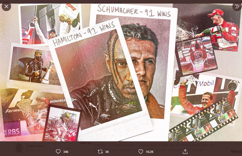 Kolase foto Lewis Hamilton yang menyamai rekor 91 kemenangan Michael Schumacher di F1 GP Eifel 2020, Minggu (11/10/2020).