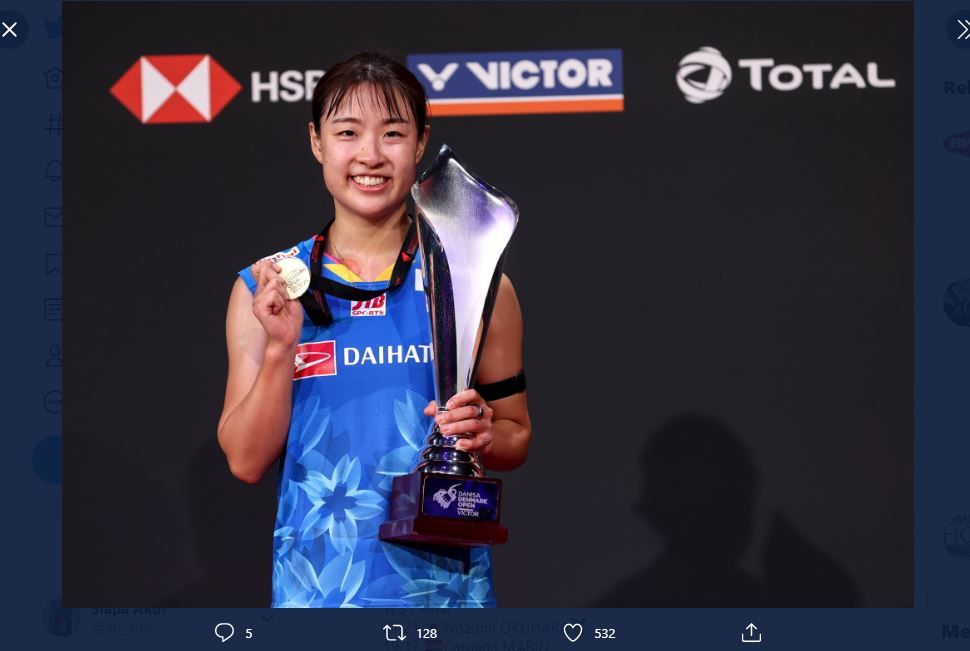 Nozomi Okuhara (Jepang) menjuarai Denmark Open 2020 setelah menang atas Carolina Marin (Spanyol) di final hari Minggu (18/10/2020).