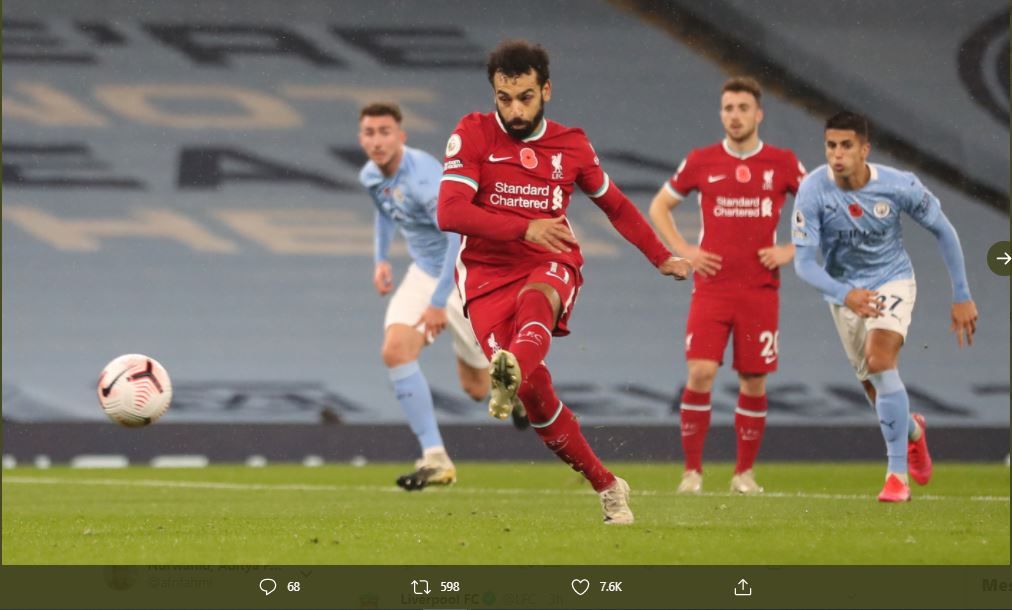 Proses gol Mohamed Salah dari eksekusi penalti pada laga Manchester City vs Liverpool, Minggu 8 November 2020