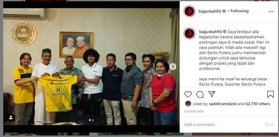 Unggahan permintaan maaf Bagus Kahfi (tengah) dengan manajemen Barito Putera termasuk CEO klub asal Kalimantan Selatan, Hasnuryadi Sulaiman (paling kiri) pada 1 Desember 2020.