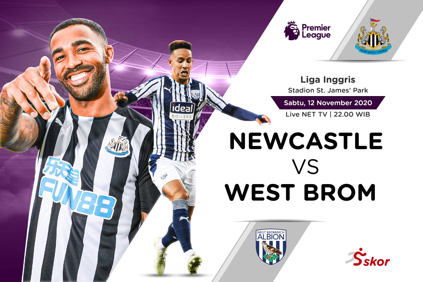 Cover laga Newcastle United vs West Brom yang akan digelar malam ini.
