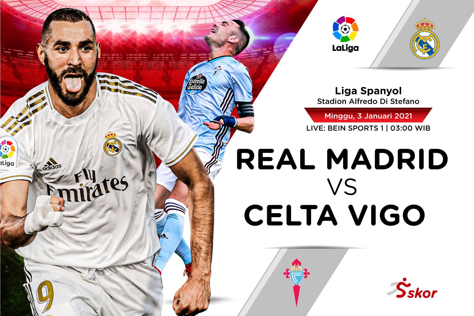 Cover Real Madrid vs Celta Vigo, Karim Benzema (kiri) akan mencoba membawa kembali timnya ke trek kemenangan saat menjamu Celta Vigo, malam ini.