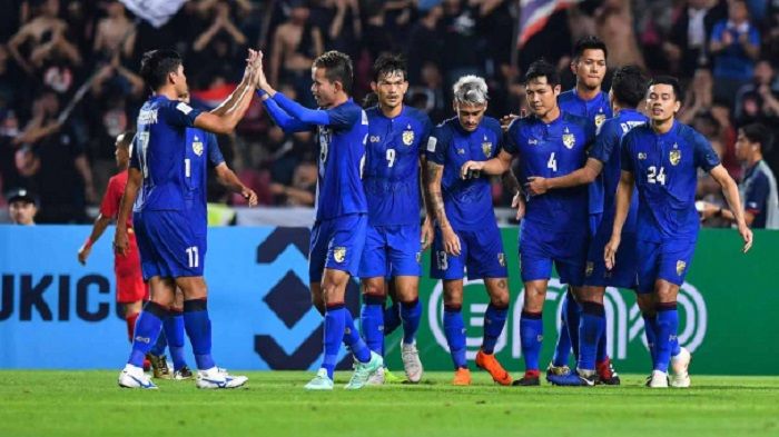 Selebrasi pemain-pemain timnas Thailand usai membobol gawang timnas Indonesia di Piala AFF 2018.