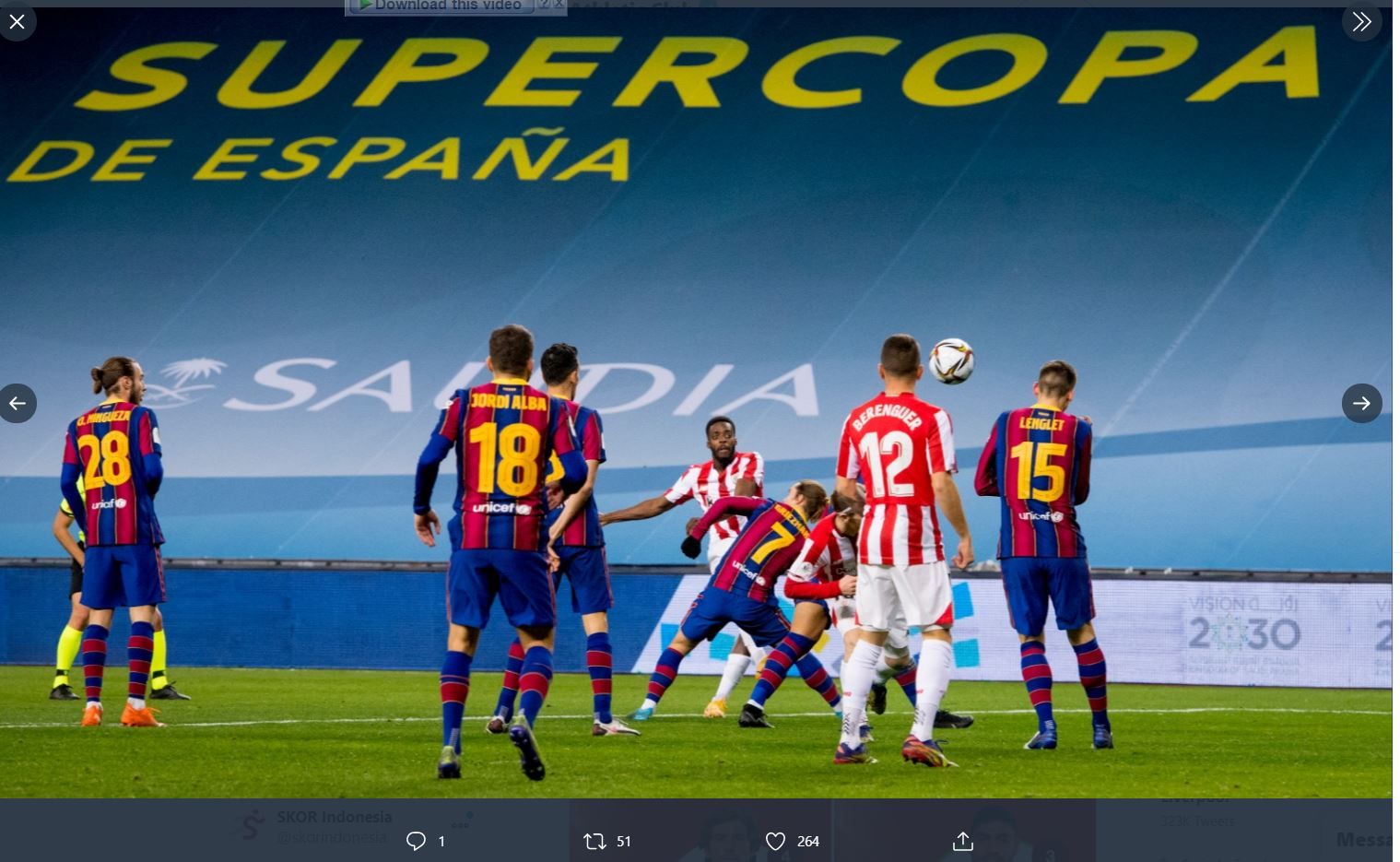 Cuplikan saat Inaki Williams mencetak gol ke gawang Barcelona di Piala Super Spanyol