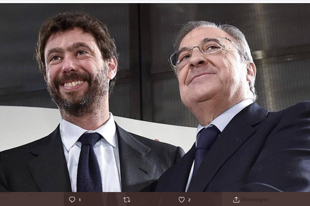 Presiden Juventus, Andrea Agnelli (kiri) bersama Presiden Real Madrid, Florentino Perez.