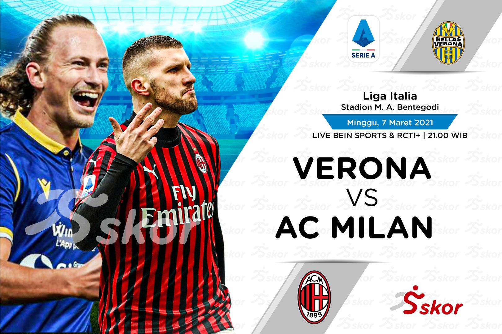 Bintang AC Milan, Ante Rebic (kanan) akan menjadi andalan timnya ketika tandang lawan Hellas Verona, Minggu (7/3/2021) malam ini WIB.