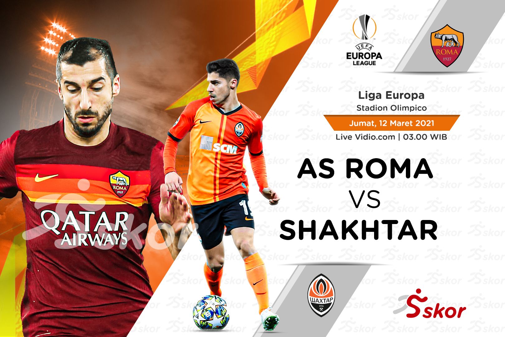 Gelandang AS Roma, Henrikh Mkhitaryan (kiri), akan menghadapi Manor Solomon dan kawan-kawan (Shakhtar Donetsk) dalam laga pertama 16 besar Liga Europa, Jumat (12/3/2021).