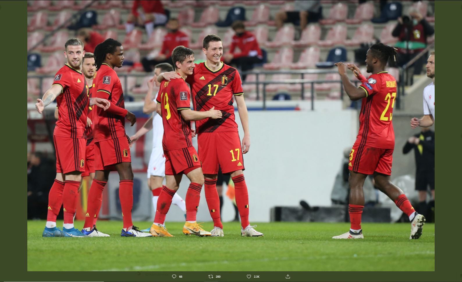 Para pemain Belgia merayakan gol ke gawang Belarusia pada Kualifikasi Piala Dunia 2022.
